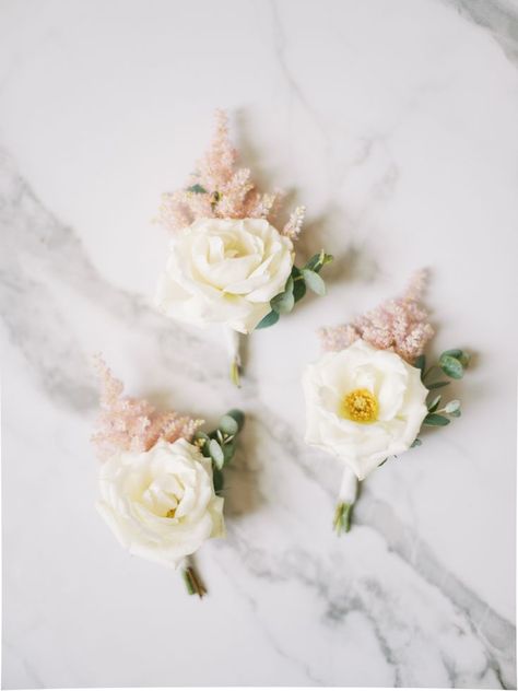 White spray rose and blush astilbe boutonniere with eucalyptus accent. Bethany Erin Weddings Blush And White Boutonniere, Astilbe Boutonniere, Neutral Boutonniere, Boutonniere With Eucalyptus, Blush Astilbe, Bridesmaids Bouqet, Blush Corsage, Peach Boutonniere, Blush Boutonniere