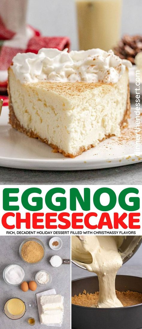 Baked Eggnog Cheesecake is a decadent festive dessert recipe made with real eggnog, eggs, rum extract, and nutmeg in a graham cracker crust. Custardy Eggnog Dump Cake, Best Eggnog Cheesecake Recipe, Egg Nogg Recipes, My Incredible Recipes.com, Eggnog Custard Pie, Christmas Desserts Easy Quick, Eggnog Cheesecake Pie, Egg Nog Pie Recipe, Egg Nog Desserts Recipes