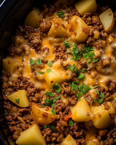 Crockpot Hamburger And Potatoes, Crockpot Beef And Potatoes, Hamburger Crockpot Meals, Beef And Potatoes Recipes, Slow Cooker Hamburger, Ground Beef Crockpot Recipes, Hamburger Potato Casserole, Potatoes Casserole, Beef Crockpot