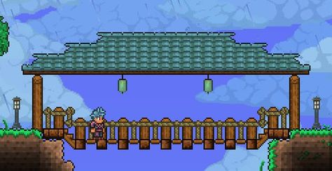 Eastern Bridge Design Terraria Bridge Design, Terraria Bridge Ideas, Terraria Bridge, Terraria Houses, Terraria Design, Terraria Game, Terrarium Base, Terraria House Ideas, Terraria House Design