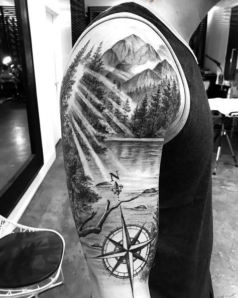 Mountain Sleeve Tattoo, Forest Tattoo Sleeve, Natur Tattoo Arm, Outdoor Tattoo, Scenery Tattoo, Shoulder Sleeve Tattoos, Hunting Tattoos, Nature Tattoo Sleeve, Men Tattoos Arm Sleeve