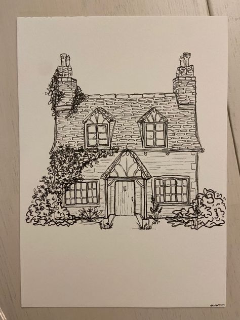 Black and white sketch, pigma micron archival ink, pen, sketch, freehand drawing Cottage Drawing Reference, Cottagecore Sketches Simple, Drawing Of Cottage, How To Sketch Houses, Cottage Core Things To Draw, Cottage Homes Drawing, House Sketches Architecture, Sketches Of Cottages, Drawing Of A Cottage