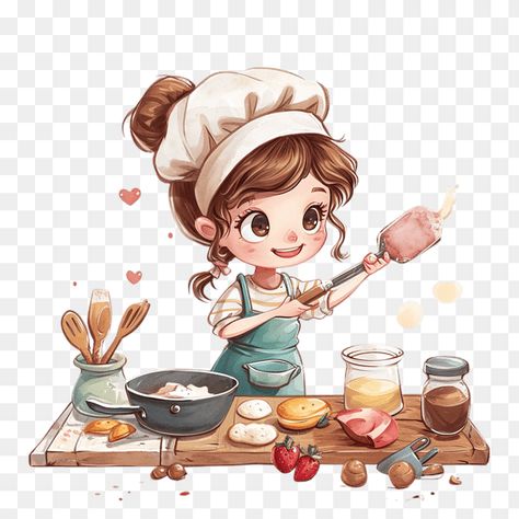 Cute Chef Girl Baking Pastry Clipart Cooking Illustration Drawing, Pastry Clipart, Cute Pastries, Chef Clipart, Chef Girl, Watercolor Angel, Sunflower Clipart, Pastel Clouds