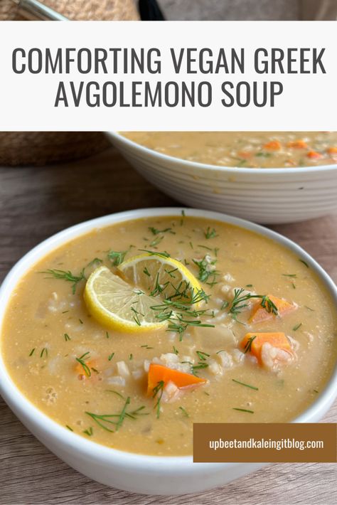 Comforting Vegan Greek Avgolemeno Soup - Upbeet & Kaleing It Avgolemono Soup Vegetarian, Vegan Greek Recipes, Mac And Cheese Healthy, Avgolemono Soup, Veggie Pasta Salad, Soup Vegetarian, Vegan Greek, Vegan Tzatziki, Vegan Potato Salads