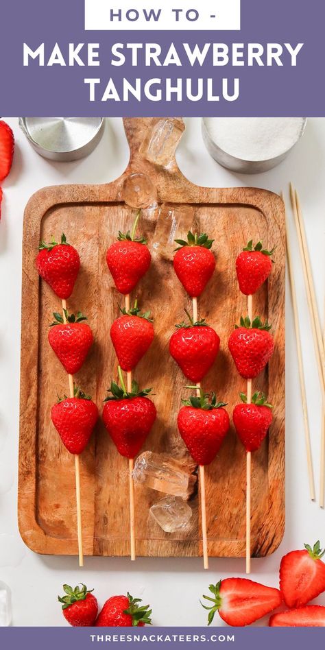 Sugar-Coated Strawberries. With Text Reading: Easy Strawberry Tanghulu Recipe. Tanghulu Recipe, Strawberry Tanghulu, Fresh Fruit Recipes, Simple Dessert, Christmas Cake Recipes, Best Sweets, Baked Strawberries, Easy Summer Desserts, Easy Summer Meals