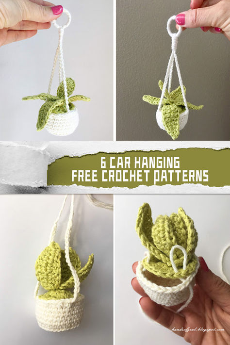 6 Car Hanging Crochet Patterns - FREE - iGOODideas.com Crochet Hanging For Car, Crochet Car Succulent, Car Crochet Accessories Pattern, Hanging Crochet Car Decor Pattern, Car Mirror Crochet Free Pattern, Crochet Succulent Car Hanger, Crochet Air Freshener Covers, Crochet Car Basket Free Pattern, Free Crochet Car Decor Patterns