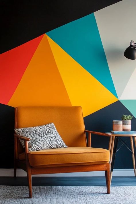 "Make a bold statement with a DIY Geometric Accent Wall! 🎨🖤 Transform any room with striking shapes and patterns. Perfect for adding a modern touch to your decor! 🏡✨ #AccentWall #GeometricDesign #DIYHomeDecor" Geometric Pattern Wall Paint, Red Geometric Wall, Bright Accent Wall, Geometric Wall Paint Patterns, Fun Accent Wall, Geometric Accent Wall, Geometric Wall Paint, Wall Paint Patterns, Wood Wall Design