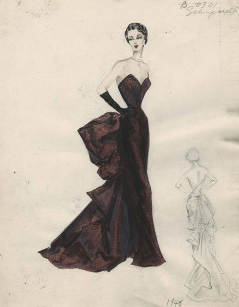 Vintage Fashion Sketches, Beauty Boost, Fashion Drawing Sketches, Elsa Schiaparelli, Fashion Design Sketchbook, Fashion Sketchbook, Dress Design Sketches, Fashion Illustration Dresses, Fashion Illustration Sketches