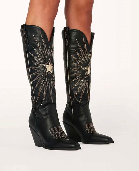 Constance by Billini is a long statement cowboy boot. Step out in style with this high-impact embroidered western boot. Featuring; mid stacked block heel closed pointed toe structured upper statement western inspired embroidery side pull tabs synthetic upper, lining and outsole Available in Black-Gold Metallic and Go Active Tights, Black Cowboy Boots, Star Boots, Black Cowboy, Western Boot, Cowboy Boot, Sandals Brands, Black Star, Black Metallic