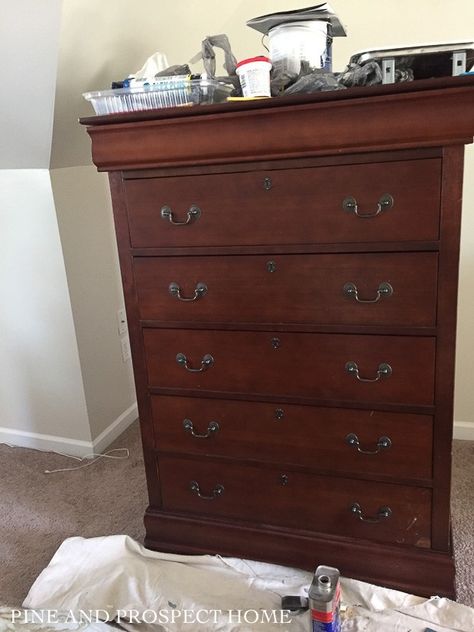 Mahogany Dresser Makeover, Refinishing Dresser, Wood Dressers Makeover, Cherry Wood Dresser, Dark Wood Dresser, Dark Wood Bedroom Furniture, Pine And Prospect Home, Pine And Prospect, Stained Dresser