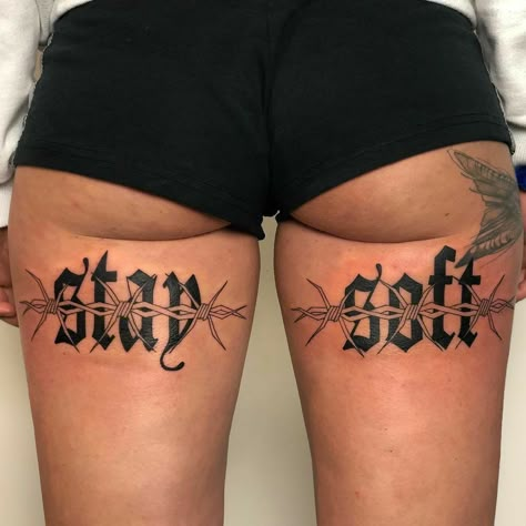 Back Of Thigh Tattoos Women Writing, Tattoo Ideas On Leg, Stomach Lettering Tattoo Women, Under Bum Tattoo, Under Cheek Tattoo, Buttcheek Tattoo, Back Of Leg Tattoo Women, Hip Bone Tattoo, Tattoos Under Buttcheeks