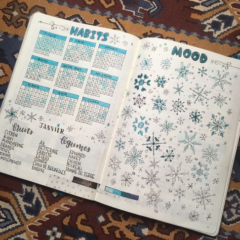 Bujo Snowflake Theme, Winter Planner Ideas, Snowflake Mood Tracker, Bullet Journal Log, Bujo January, Bullet Journal Tracking, Bullet Journal Christmas, January Bullet Journal, Bullet Journal For Beginners