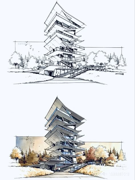 Hybrid Architecture Drawings, Architecture Digital Drawing, Building Sketches Architecture, Building Design Sketch, Architecture Concept Drawings Sketches, Modern Architecture Sketch, Modern Architecture Drawing, Architecture Sketch Simple, Architecture Concept Sketch