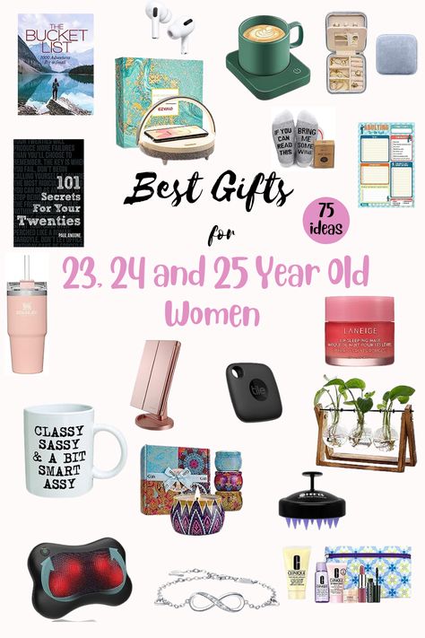 Looking for the perfect gifts for women in her 20s! 🎁✨ Explore our curated list of the best gift ideas for 23, 24, and 25-year-old women. From chic fashion finds to fascinating books to the relaxation gifts, make her special occasion or Christmas unforgettable. Celebrate her journey into adulthood with the perfect presents! 💃🛍️ #GiftsForHer #20sGiftIdeas #YoungAdults" 20 Th Birthday Gift Ideas, Birthday Ideas 26 Years Old, Birthday Gifts For 26 Year Old Woman, Best Christmas Gifts For 20 Year Old Women, Gifts For Women In 20s, Gifts For 33 Year Old Women, 25 Gifts For 25th Birthday For Women, Birthday Gifts For 35 Year Old Women, 20 Year Old Girl Birthday Gift Ideas