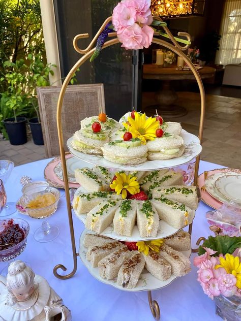 Tea Sandwich Display, Tea Sandwiches Display, Sandwich Tower Tea Parties, Bridgerton Party Snacks, Brigerton Theme Tea Party Food, Flower Shaped Tea Sandwiches, Tea Party Centerpieces, Tea Party Sandwiches, English Tea Party