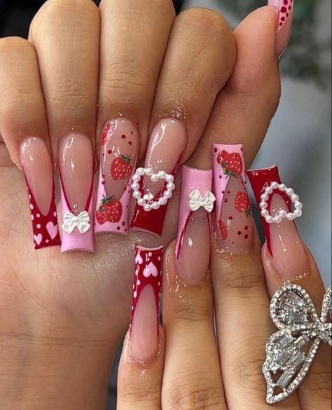 Valentine Day Nails With Rhinestones, Valentine’s Day Coffin Acrylic Nails, Valentines Day Nails Gems, Exotic Valentines Nails, Strawberry Themed Nails, Valentines Day Braids, Valentines Toe Nail Designs, Bratz Nails Design, Strawberry Nails Acrylic