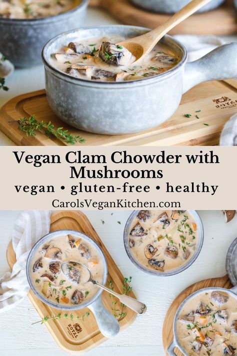 Rich, creamy, and loaded with umami flavor, this vegan clam chowder with mushrooms is the perfect cozy meal. It’s hearty and satisfying, made with cashew cream and mushroom “clams”. This is one hug-in-a-bowl recipe you won’t want to miss! Vegan Clam Chowder, Vegan Chowder, Mushroom Dishes, Plant Based Soups, Quick Lunch Recipes, Fall Vegan Recipes, Mushroom Dish, Quick Healthy Dinner, Vegan Lunch Recipes