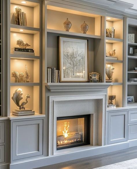 Tv Wall In Living Room Ideas, Closed Cabinets Around Fireplace, Arched Built Ins Next To Fireplace, Living Room Built In One Side, Built In Fire Places Ideas, Cozy Fireplace With Built Ins, Library Around Fireplace, Electric Fireplace With Built In Shelves, Fireplace With Seating On Sides