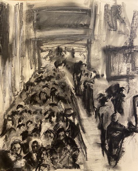 Crowd of People with Charcoal on paper Crowded Drawing Aesthetic, People And Places Art, Crowd Cheering Drawing, How To Draw A Crowd Of People, Crowded Room, Communal Spaces Art, Charcoal Animation, Crowded Art, Crowd Art