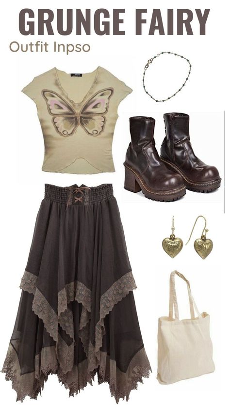 Fairy Core Aesthetic Outfits Grunge, Fairy Outfit Inspiration, Earth Goth Aesthetic, Fairycore Skirt Outfit, Faerie Grunge Outfits, Fairy Punk Aesthetic, Fairy Grunge Outfit Skirt, Butterfly Core Outfits, Winter Fairy Aesthetic Outfits