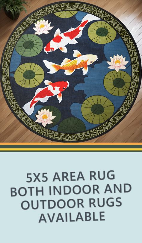 Round koi fish pond rug, 5x5 size, featuring an illustration of colorful carp and lotus flowers, suitable for indoor or outdoor use. Pond Rug, Fish Rug, Koi Fish Pond, Green Border, Lotus Flowers, Needle Punch, Fish Pond, Koi Pond, Koi Fish