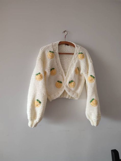 Lemon Slice Embroidery Woman Trendy Cardigancotton or Acrylic - Etsy Australia Embroidery Woman, Trendy Cardigans, Crochet Mignon, Pull Crochet, Embroidery Sweater, Cropped Knit Sweater, Cute Cardigans, Lemon Slice, Crochet Jacket