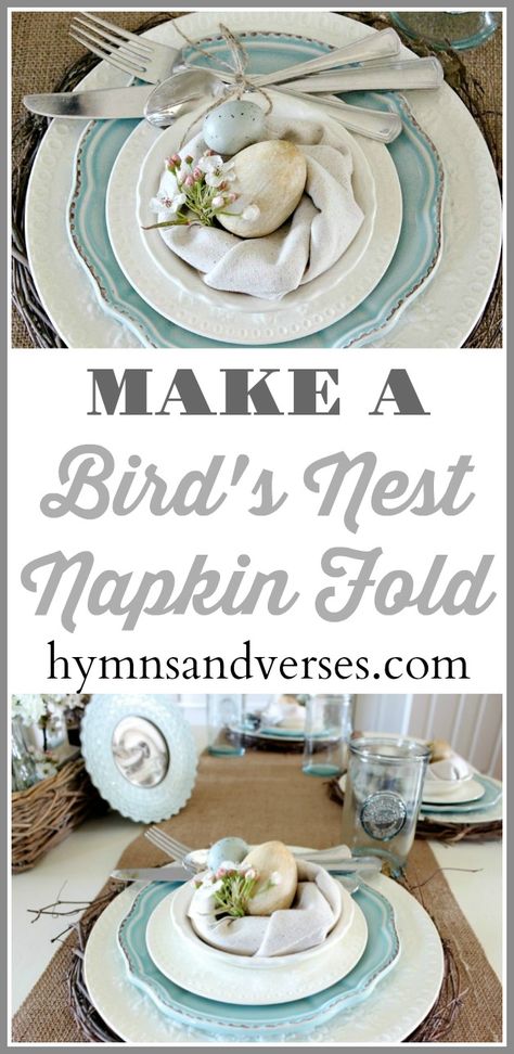 Easter Napkin Folding, Napkins Fold, Easter Birds Nest, Diy Napkin Folding, How To Fold Napkins, Fold Napkins, Easter Dinner Table, Easter Nests, Napkin Folds