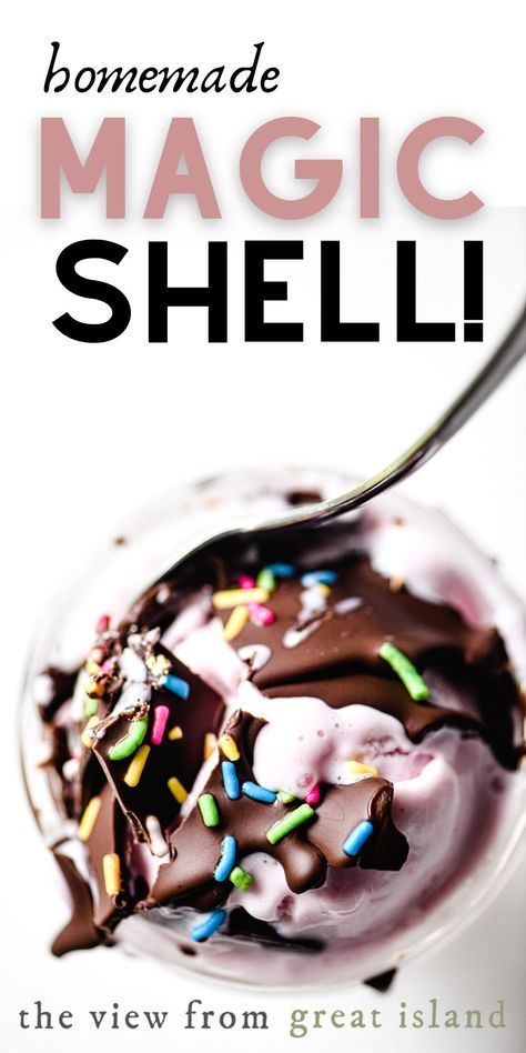 Homemade Magic Shell is a 2 ingredient chocolate sauce that 'magically' hardens when it touches a scoop of ice cream. It's fun and delicious! #easy #recipe #kids #frozen #magicshell #icecream #diy #chocolate #icecreamtopping #dessert #sundae #chocolatesauce Easy Recipe Kids, Homemade Magic Shell, Ice Cream Sauce, Magic Shell, Nice Cream Recipe, Scoop Of Ice Cream, Diy Chocolate, Easy Ice Cream, Chocolate Shells