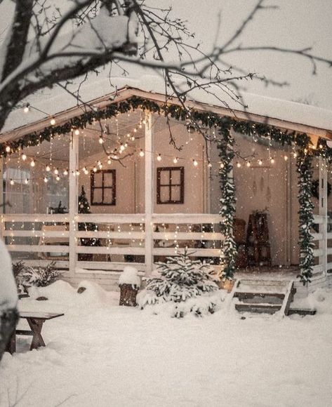 Christmas Cottage Exterior, Backyard Deck Ideas, Creative Backyard, Cottage Exterior, Little Cabin, Backyard Deck, Design Exterior, Deck Ideas, Christmas House