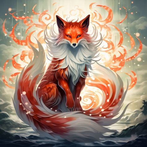 Kitsune Fox Spirit, 9 Tailed Fox, Egyptian Drawings, Fox Character, Fox Artwork, Wash Painting, Kitsune Fox, Fox Spirit, Spirit Animal Art