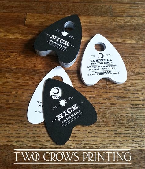 custom die cut Ouija planchette cards made by Two Crows Printing Coffin Business Card, Witch Business Card, Tarot Business Cards, Tattoo Business Cards Ideas, Cool Business Cards Creative, Business Card Tattoo, Tattoo Business Cards, Promotional Items Marketing, Tattoo Artist Business Cards