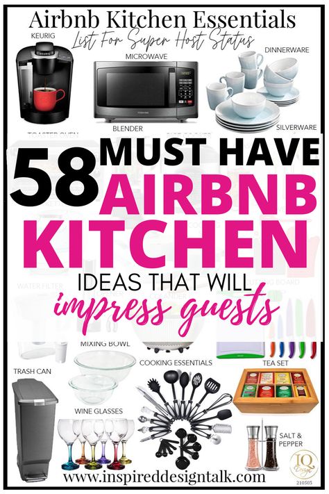 wow this is the best airbnb kitchen supply list I have found. This is super helpful for my Airbnb design rental. Best Airbnb Design, Fully Furnished House, Airbnb Stocking List, Kitchen Airbnb Ideas, Air Bnb Kitchen Essentials, Air Bnb Supply List, Air Bnb List, Bed And Breakfast Kitchen Ideas, Airbnb Supply Closet