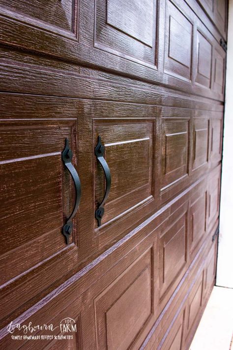 Brown Garage Door, Faux Wood Garage Door, Garage Door Colors, Garage Door Paint, Carriage Garage Doors, Garage Door Hardware, Carriage Doors, Wood Garage Doors, Garage Door Makeover