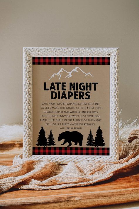 Buffalo Plaid Baby Shower Ideas For Boys, Buffalo Plaid Baby Shower Ideas, Lumberjack Baby Shower Theme, Moose Baby Shower, Late Night Diapers Sign, Lumberjack Theme, Plaid Baby Shower, Fall Baby Shower Themes, Baby Shower Gifts For Guests