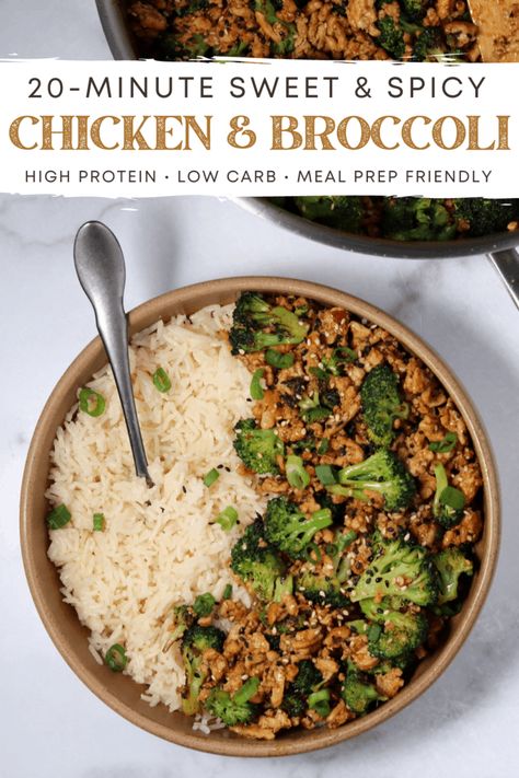 20-Minute Honey Sriracha Ground Chicken and Broccoli 20 Minute Honey Sriracha Ground Chicken And Broccoli, Honey Sriracha Ground Chicken Protein Bowls, Easy Meal Prep Ground Chicken, Honey Siracha Chicken Protein, Honey Sriracha Ground Turkey, Honey Sriracha Ground Chicken And Broccoli, Honey Sriracha Ground Chicken Bowl, Ground Chicken With Broccoli, Ground Chicken Marinade