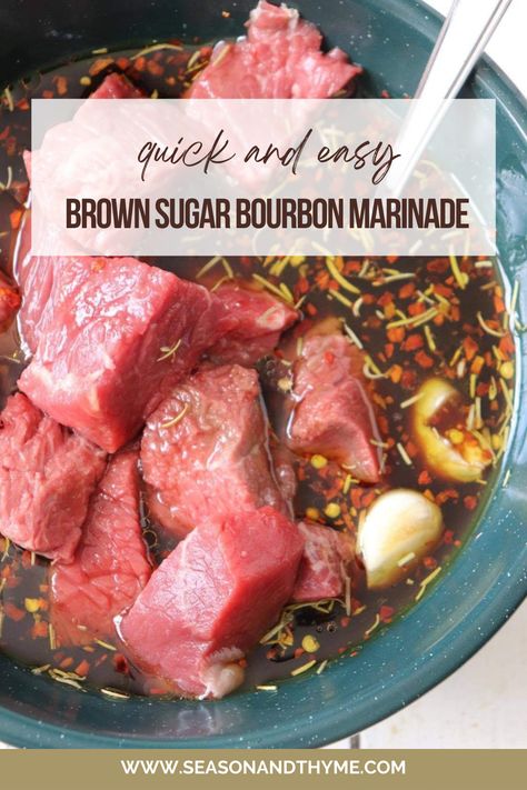 Spicy, tangy, and sweet, this Brown Sugar Bourbon Marinade is about to elevate your grilled meats to the next level. Simple ingredients coming together to make something special, you're going to love this easy marinade recipe. Great for grilling on Father's Day. Easy Grilled Meat Recipes, Roast Beef Marinade, Burbon Chicken, Jerky Marinade Recipes, Bourbon Marinade, Beef Kabob Marinade, Jerky Marinade, Kabob Marinade, Homemade Dressings