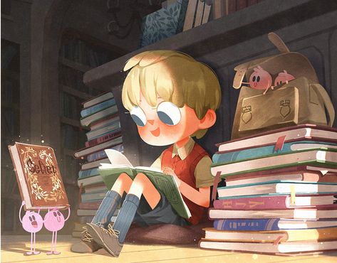 君 Jun on Behance Library Illustration Art, Kids Book Illustration Ideas, Children’s Illustration, Reading A Book Illustration, Kids Book Illustration, Boy Reading Book, Library Illustration, Children Story Book Illustration, Reading Illustration