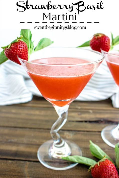 What better way to serve up summer than with this Strawberry Basil Martini?!? Perfectly refreshing for all your summer gatherings! #strawberry #basil #martini #adultbeverage #21andup #sponsored #BBQWeek #SweetBeginningsBlog Strawberry Basil Vodka Cocktail, Strawberry Basil Martini, Strawberry Martini Recipe, Strawberry Basil Cocktail, Cucumber Martini Recipe, Basil Martini, Summer Martinis, Basil Drinks, Strawberry Martini