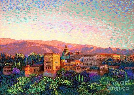 Alhambra Painting, Grenada Spain, Spain Painting, Spain Art, Alhambra Palace, Alhambra Granada, Spanish Art, Media Landscape, Granada Spain