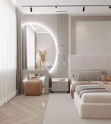 Dressing Area Behind Bed, Dressing Room With Sofa Bed, Bed Side Mirror Ideas, Dressing Unit, Spavaća Soba, Mirror Stand, Bedroom Interior Design Luxury, Minimalist Bedroom Design, Dressing Area