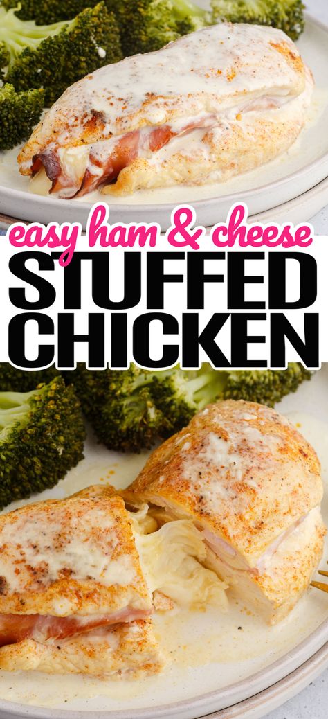 Stuffed Chicken Cordon Blue Recipes, Chicken With Ham And Cheese Baked, Chicken Ham And Cheese Recipe, Chicken With Ham And Swiss Cheese, Chicken Stuffed With Ham And Cheese, Ham Chicken Recipes, Easy Chicken Cordon Bleu Bake, Ham Stuffed Chicken Breast, Stuffed Chicken Cordon Bleu