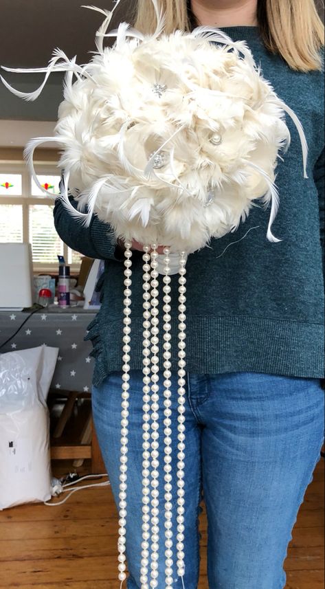 Ivory feather bouquet - handmade feather flowers with diamante rhinestone embellishment centre. Long pearl drop chain Ostrich Feather Bouquet, Art Deco Bridal Bouquet, Pearl Bouquet Wedding, Art Deco Wedding Gown, Rhinestone Bouquet, Ivory Bridal Bouquet, Pearl Bouquet, Unique Bridal Bouquets, Feather Bouquet