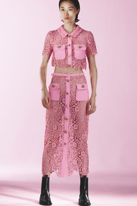 Spring 2023 Ready To Wear, Pink Lace Tops, Embellished Maxi Dress, 2023 Ready To Wear, Lace Midi Skirt, Rose Lace, Midi Skirt Pencil, Lace Midi, Short Sleeve Cropped Top