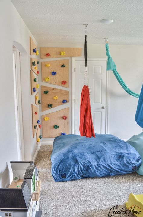 How to Create a DIY Sensory Playroom - The Created Home Sensory Playroom At Home, Sensory Gym At Home, Sensory Bedroom Ideas, Grandkids Room At Grandmas, Sensory Bedroom For Boys, Kid Forts, Sensory Kids Room, Basement Vibes, Sensory Playroom