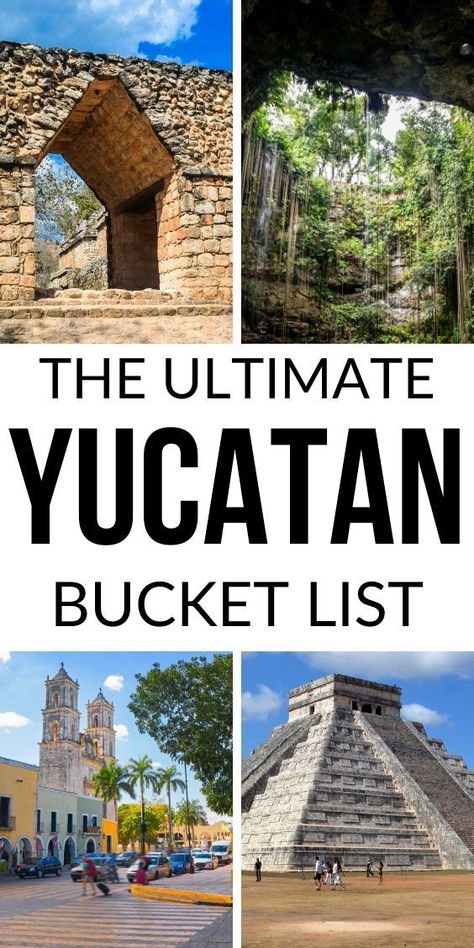 Collage of images from Yucatan Mexico: Arched gateway at Ek Balam, a natural cenote, Chichen Itza pyramid, San Gervasio Cathedral in Valladolid Mexico Yucatan Travel, Trs Yucatan, Cenotes Yucatan, Yucatan Travel, Colorful Cities, Merida Yucatan Mexico, Latin America Travel, Cancun Trip, Explore Mexico