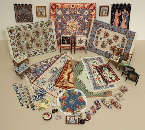 My dollhouse needlepoint kit and chart pack sale starts today! – Janet Granger's Blog Dollhouse Rugs, House Embroidery, Miniature Needlepoint, Paper Flower Kit, Dollhouse Rug, Miniature Embroidery, Miniature Diy, Miniatures Tutorials, Artist Doll