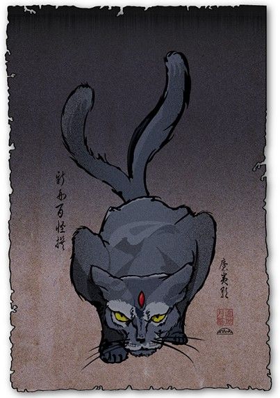 Nekomata - Split Tailed Cat Bakeneko Art, Two Tailed Cat, Cat Yokai, Nekomata Yokai, Two Tailed Cat Yokai, Samurai Cat Art, Kitsune Yokai Japanese Folklore, Cats In Japanese Art, Japanese Myth