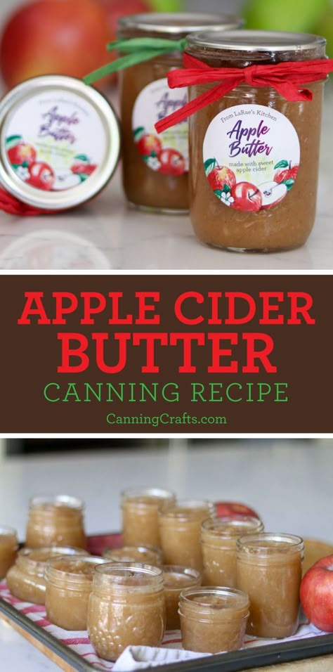 Chez LaRae created this sweet Apple Cider Butter canning recipe. This recipe will make a great Fall gift. Apple butter is a fan-favorite fall canning project. Folks are drawn to warm spices and the season for gift giving. Make a batch every October and give jars as gifts. This is a thick and smooth fruit spread | Get more canning recipes on CanningCrafts.com | #canningcrafts #canning #foodpreservation #preserving #homecanning #canningrecipes #recipe #applebutter #apples #applerecipes Canning Recipes Apples, Fruit Butter Recipes Canning, Canning Apples Slices, Apple Cider Butter, Carmel Apple Butter Canning, Apple Cider Jam Recipes, Applebutter Canning Recipes, Fall Canning Ideas, Christmas Canning Recipes