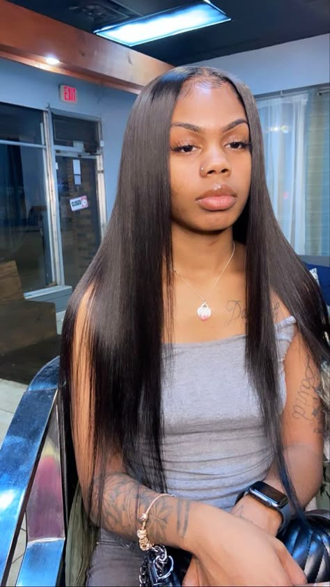 Traditional Sew In Straight Hair, Sow In Straight Hair, Side Part Sew In With Closure Straight, Long Straight Quick Weave Black Women, Frontal Middle Part Straight, Middle Part Sew In With Leave Out Edges, Leave Put Sew In, Black Leave Out Sew In, Sew In Hairstyles With Leave Out Straight