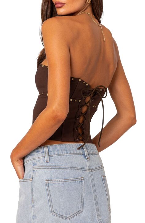 Golden studs enliven this strapless crop top designed with an edgy laced-up back. Lace-up back Strapless 95% polyester, 5% spandex Machine wash, dry flat Imported Corset Top With Lace Up Back, Brown Going Out Outfits, Cute Nashville Outfits, Cute Festival Outfits, Rancho Outfits, Cowgirl Princess, Mexico Outfits, Brown Corset, Rave Fits